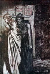 ¡Oh esposa traicionada, vengaré tu confianza engañada! Ilustración para Sigfrido y El Ocaso de los Dioses