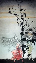 Peaseblossom, Cobweb, Moth, Mustardseed, las hadas que asistieron a Titania en Sueño de una noche de verano de Arthur Rackham