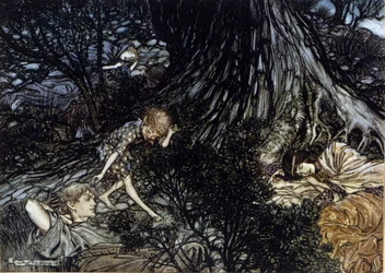 Puck poniendo un filtro mágico en los párpados de personajes dormidos. Ilustración de Arthur RACKHAM (1867-1939) para El sueño de una noche de verano de William SHAKESPEARE