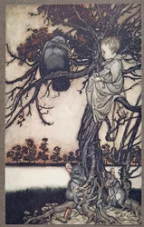 Presentó su extraño caso ante el viejo Solomon Caw, de Peter Pan en los jardines de Kensington de J. M. Barrie (1860 - 1937), pub. 1906
