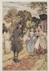 Recitando para su diversión todos los epitafios en las lápidas, de La leyenda de Sleepy Hollow de Washington Irving (1783 - 1859), pub. 1928