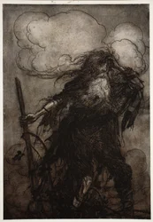 Rip se despierta. Seguramente, pensó, ¿no he dormido aquí toda la noche? ¡Oh! ¡Esa jarra! ¡Esa maldita jarra! ¿Qué excusa le daré a Dame Van Winkle? de Rip Van Winkle de Washington Irving, pub. 1910