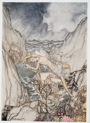 A salvo en el puerto está el barco del rey, ilustración de La Tempestad de William Shakespeare, pub. 1926