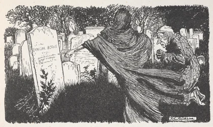 Scrooge y un fantasma en un cementerio de noche.