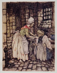 Ella arregló el chal con un pliegue profesional y ató las cuerdas del sombrero oxidado bajo su barbilla, de El viento en los sauces de Kenneth Grahame (1859 - 1932), pub. 1940