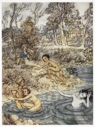 Se cruzó con toda una bandada de niños". Ilustración en color del cuento "La Sirenita".