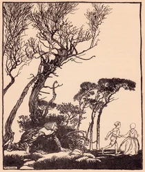 Se arrastró tras ellos en secreto, como se arrastran las brujas. Ilustración de Arthur Rackham del cuento de Grimm "Hermanito y hermanita".