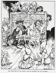 "Ella lo tomó de la muñeca, y él se rió hasta cacarear". Doncellas elfinas y duendes. Ilustración de "la colina de los duendes".