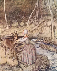 Se quitó la liga de oro y se la puso al cuello al corzo. Ilustración de Arthur Rackham del cuento de hadas de Grimm, Little Brother and Little Sister, publicado a finales del siglo XIX.