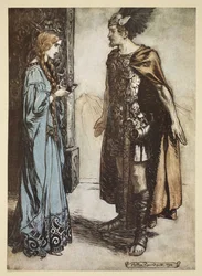 Siegfried devuelve el cuerno de beber a Gutrune y la mira con pasión repentina, ilustración de 