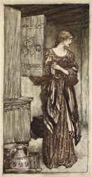 Sieglinde prepara la bebida de Hunding para la noche, ilustración de "El Rinegio y la Valquiria".
