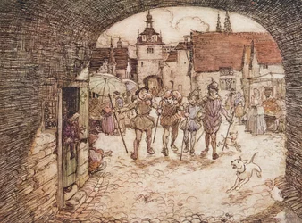 Así que los cuatro hermanos tomaron sus bastones en sus manos, se despidieron de su padre y salieron por la puerta de la ciudad, de Los cuentos de hadas de los hermanos Grimm, pub. 1909