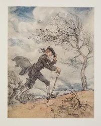 Caminando por el perfil de una colina en un día ventoso, de La leyenda de Sleepy Hollow de Washington Irving (1783 - 1859), pub. 1928