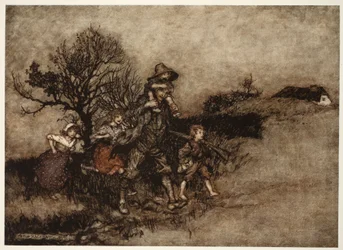 Rodeado por un grupo de niños., de Rip Van Winkle de Washington Irving, pub. 1910