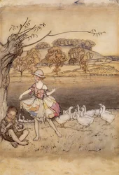 Tattercoats bailando mientras el pastor de gansos toca la flauta, ilustración de Cuentos de Hadas Ingleses, recontados por F.A. Steel, publicado en 1918