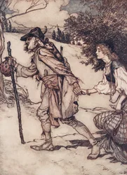 El mendigo la tomó de la mano y la llevó, de Los cuentos de hadas de los hermanos Grimm, pub. 1909