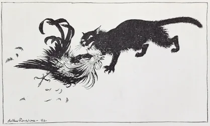 El gato y el gallo, ilustración de «Las fábulas de Esopo», publicada por Heinemann, 1912