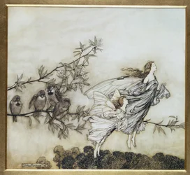 Las hadas tienen su disputa con los pájaros, ilustración de 1906 para Peter Pan en los Jardines de Kensington por J.M. Barrie, pub. 1906