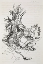 El grifo sentado contra un árbol