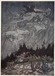 Las montañas Kaatskill siempre habían estado habitadas por seres extraños., de Rip Van Winkle por Washington Irving, pub. 1910