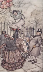 La dama con los globos, que se sienta justo afuera, de Peter Pan en los jardines de Kensington de J. M. Barrie (1860 - 1937), pub. 1906