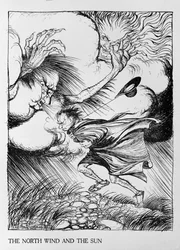 El viento del norte y el sol, ilustración de «Fábulas de Esopo», publicada por Heinemann, 1912