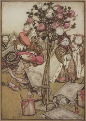 La Reina se volvió enojada hacia él y dijo al Sota, "Dales la vuelta", de Las aventuras de Alicia en el país de las maravillas, de Lewis Carroll, pub. 1907