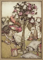 La Reina se volvió enojada hacia él y dijo al Sota, "Dales la vuelta", de Las aventuras de Alicia en el país de las maravillas, de Lewis Carroll, pub. 1907