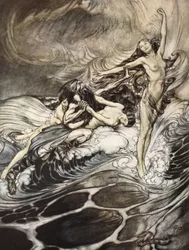 Las doncellas del Rin obtienen posesión del anillo y lo llevan en triunfo, ilustración de 