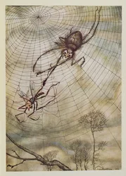 La araña y la mosca, ilustración de Las fábulas de Esopo, publicada por Heinemann, 1912