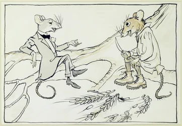 El ratón de la ciudad y el ratón del campo, ilustración de Fábulas de Esopo, publicada en 1912