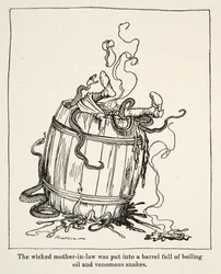 La malvada suegra fue puesta en un barril lleno de aceite hirviendo y serpientes venenosas, de Hermanito y Hermanita y otros cuentos de los Hermanos Grimm, pub.1917