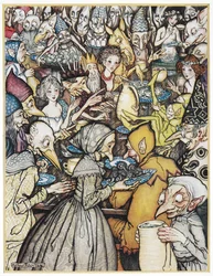 "El banquete donde se reunió la verdadera gran compañía". El rey elfo, con una corona de oro, sus hijas, y duendes y trolls reunidos para una comida. Ilustración de "la colina de los elfos".