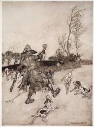 Los perros también, ninguno de los cuales reconoció como un viejo conocido, le ladraron al pasar., de Rip Van Winkle por Washington Irving, pub. 1910