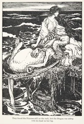 Encontraron a la princesa todavía en la roca, pero el dragón estaba dormido con la cabeza en su regazo, de Los cuentos de hadas de los hermanos Grimm, pub. 1909