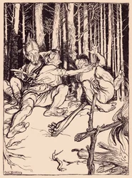 El gigante le dio un cajonazo en la oreja al que estaba sentado a su lado. Ilustración de Arthur Rackham del cuento de hadas de Grimm, El hábil cazador.