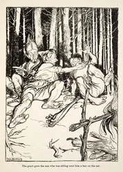 El gigante le dio una bofetada al que estaba sentado a su lado, de Hermanito y Hermanita y Otros Cuentos de los Hermanos Grimm, pub.1917 (litografía)