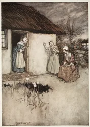 Las buenas esposas del pueblo nunca dejaban de culpar a Dame Van Winkle en sus charlas vespertinas., de Rip Van Winkle por Washington Irving, pub. 1910