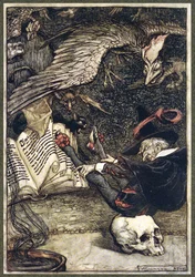 El hombrecito se había sentado en el centro del círculo sobre el gran cráneo, de Las Leyendas de Ingoldsby, pub. 1907