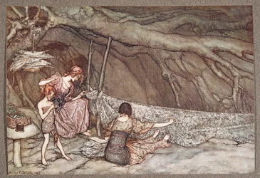 Las pequeñas personas tejen sus cortinas de verano con hojas de esqueleto .. , de Peter Pan en los Jardines de Kensington por J M Barrie (1860 - 1937), pub. 1906