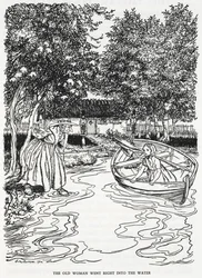 "La anciana se metió en el agua". Ilustración para "el jardín de flores de la mujer que sabía magia". Una joven, Gerda, en una barca. Una anciana se mete en el río para ayudarla.