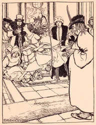 La linda doncella saltó por el aro tan ligera como un ciervo. Ilustración de Arthur Rackham del cuento de hadas de Grimm, Las tres plumas.