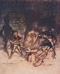 Entonces el joven tomó el hacha y partió el yunque de un golpe, atrapando al mismo tiempo la barba del anciano, de Los cuentos de hadas de los hermanos Grimm, pub. 1909