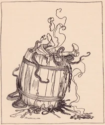 La malvada suegra fue introducida en un barril lleno de aceite hirviendo y serpientes venenosas. Ilustración de Arthur Rackham del cuento de Grimm Los doce hermanos, publicado a finales del siglo XIX.