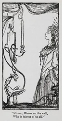 La reina malvada mirándose en el espejo de Snowdrop (Blancanieves)
