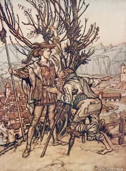 El joven príncipe dijo No tengo miedo; estoy decidido a ir y ver a la hermosa Rosa de Briar, de Los cuentos de hadas de los hermanos Grimm, pub. 1909