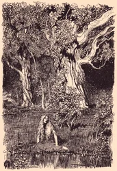 Allí se sentó y habría permanecido sentada largo rato si no se hubiera oído un crujido en las ramas del árbol más cercano. Ilustración de Arthur Rackham del cuento de Grimm La gansa en el pozo.