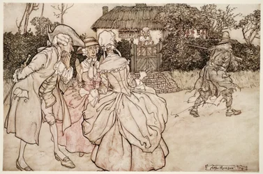 Todos lo miraron con igual sorpresa y se acariciaron la barbilla, de Rip Van Winkle de Washington Irving, pub. 1910