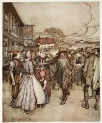 Se agolparon a su alrededor, mirándolo de pies a cabeza con gran curiosidad., de Rip Van Winkle por Washington Irving, pub. 1910