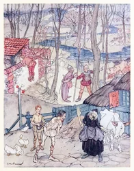 Ofrecieron una vaca por cada pata de su vaca, pero ella no aceptaría esa oferta a menos que Fiachna garantizara el pago de Mongans Frenzy en Cuentos de hadas irlandeses